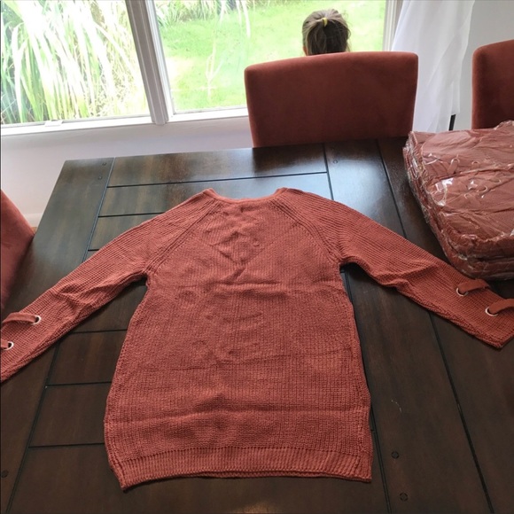 Cozy Lace up V-Neck Sweater, Burnt Orange - Picture 2 of 6